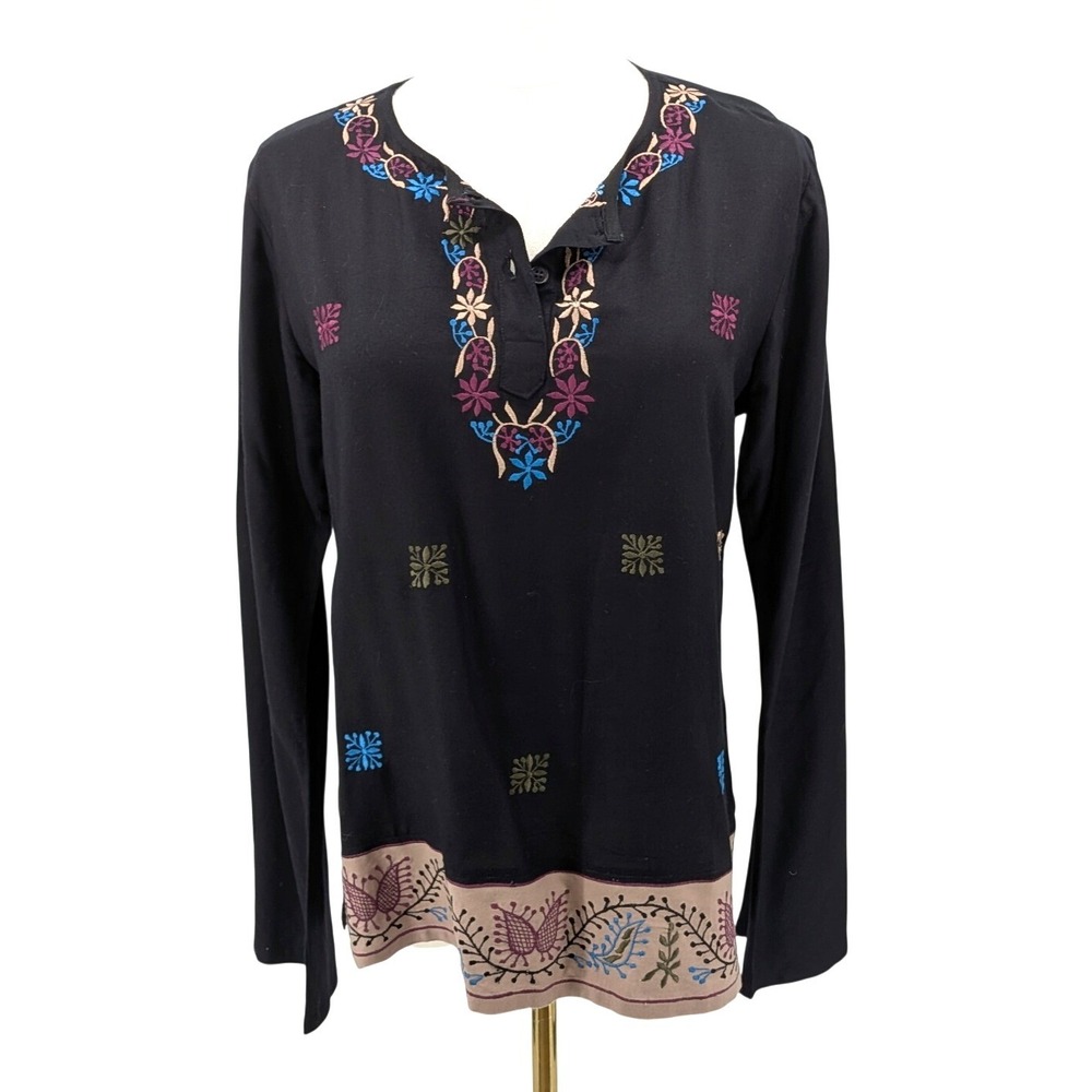 Funky People Embroidered Blouse Black Boho Cotton Rayon Tunic Top Size M